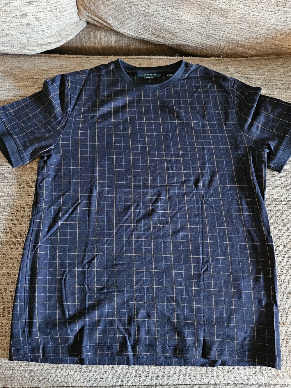 Perry Ellis Navy Grid Short Sleeve Crewneck Tee